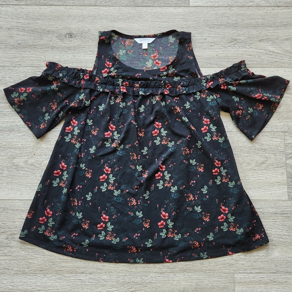 LC Lauren Conrad Black Floral Cold Shoulder Top Womens Small Cottagecore Ruffles